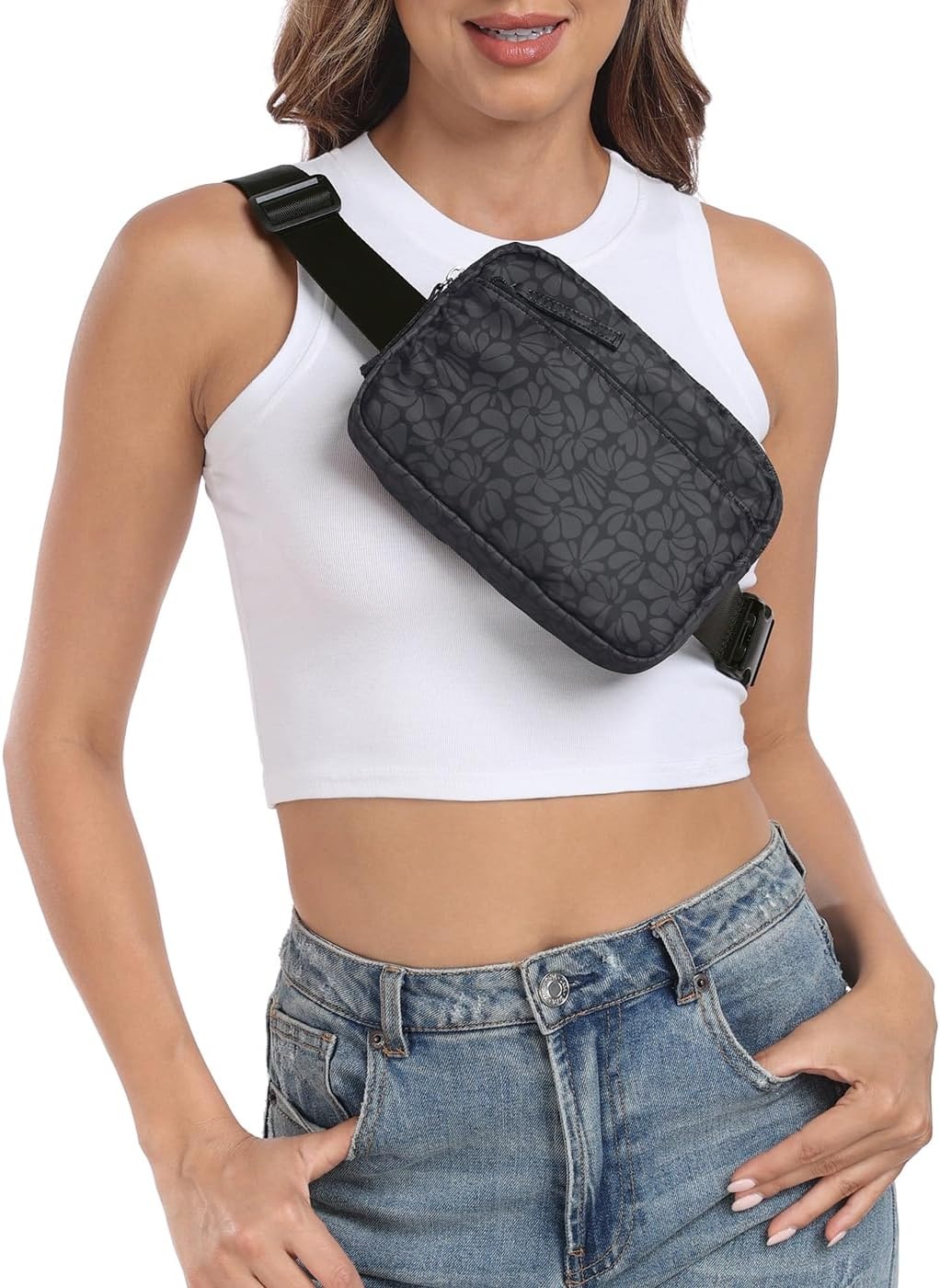 image:imageHDE Crossbody Bum Bag with Long Strap Cute Print 2L Mini Belt Bag Small Fanny Pack Easy Adjustable Length Sling for Women Black Floral PopBlack Floral Pop
