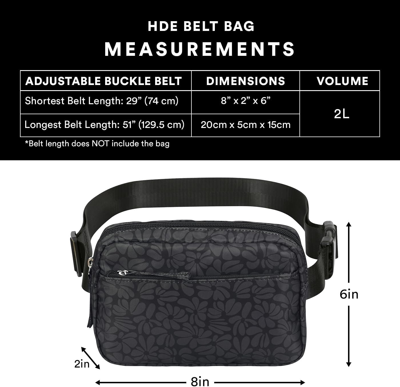 image:imageHDE Crossbody Bum Bag with Long Strap Cute Print 2L Mini Belt Bag Small Fanny Pack Easy Adjustable Length Sling for Women Black Floral PopBlack Floral Pop
