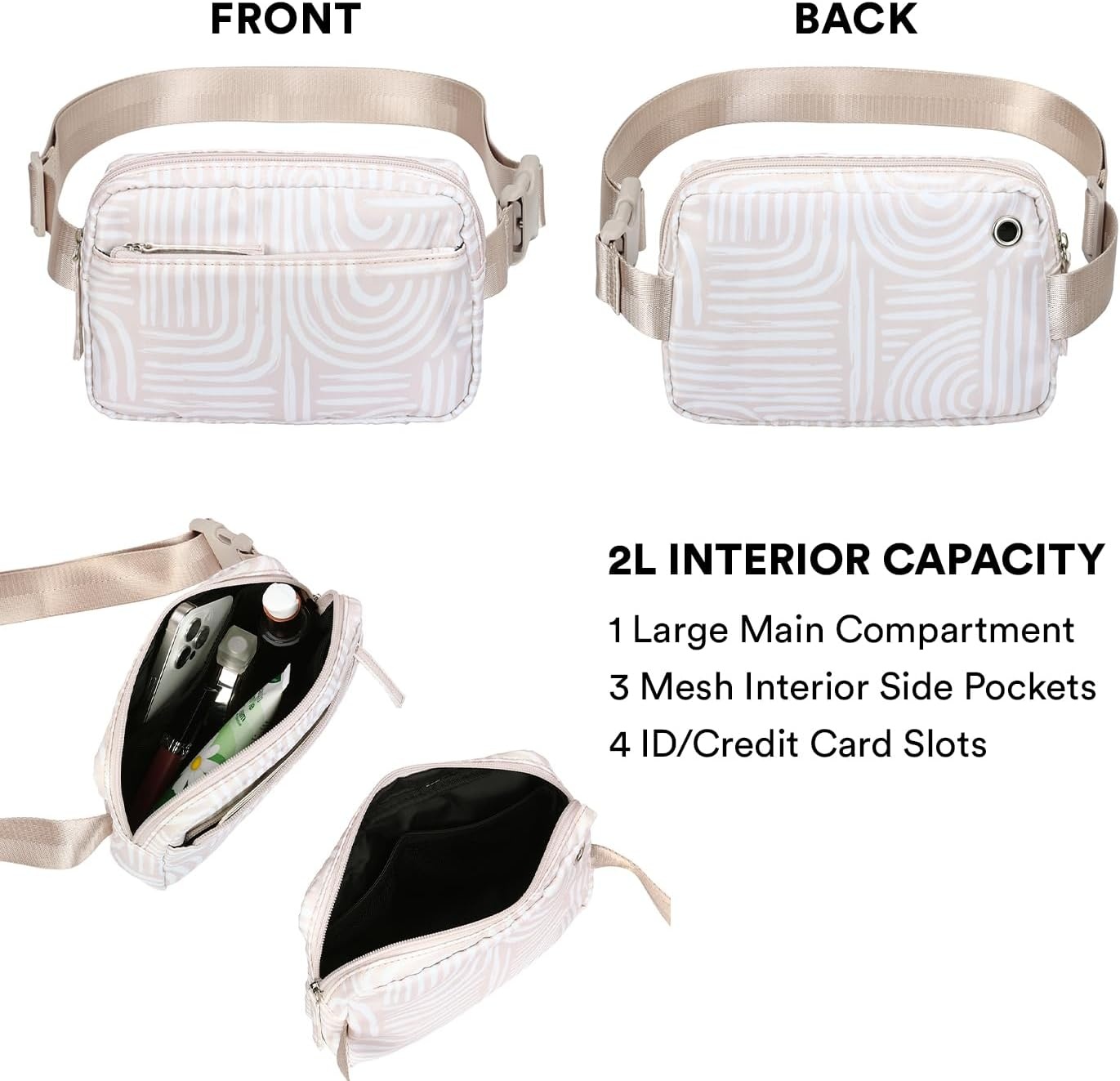 image:imageHDE Crossbody Bum Bag with Long Strap Cute Print 2L Mini Belt Bag Small Fanny Pack Easy Adjustable Length Sling for Women Black Floral PopBoho Brush Strokes