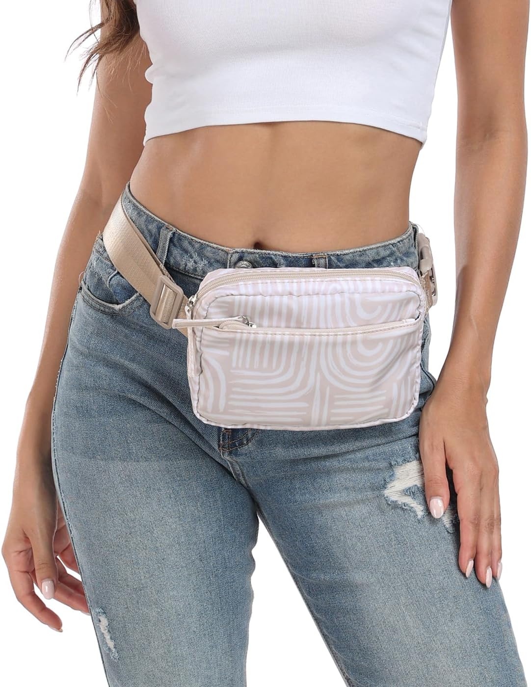 image:imageHDE Crossbody Bum Bag with Long Strap Cute Print 2L Mini Belt Bag Small Fanny Pack Easy Adjustable Length Sling for Women Black Floral PopBoho Brush Strokes