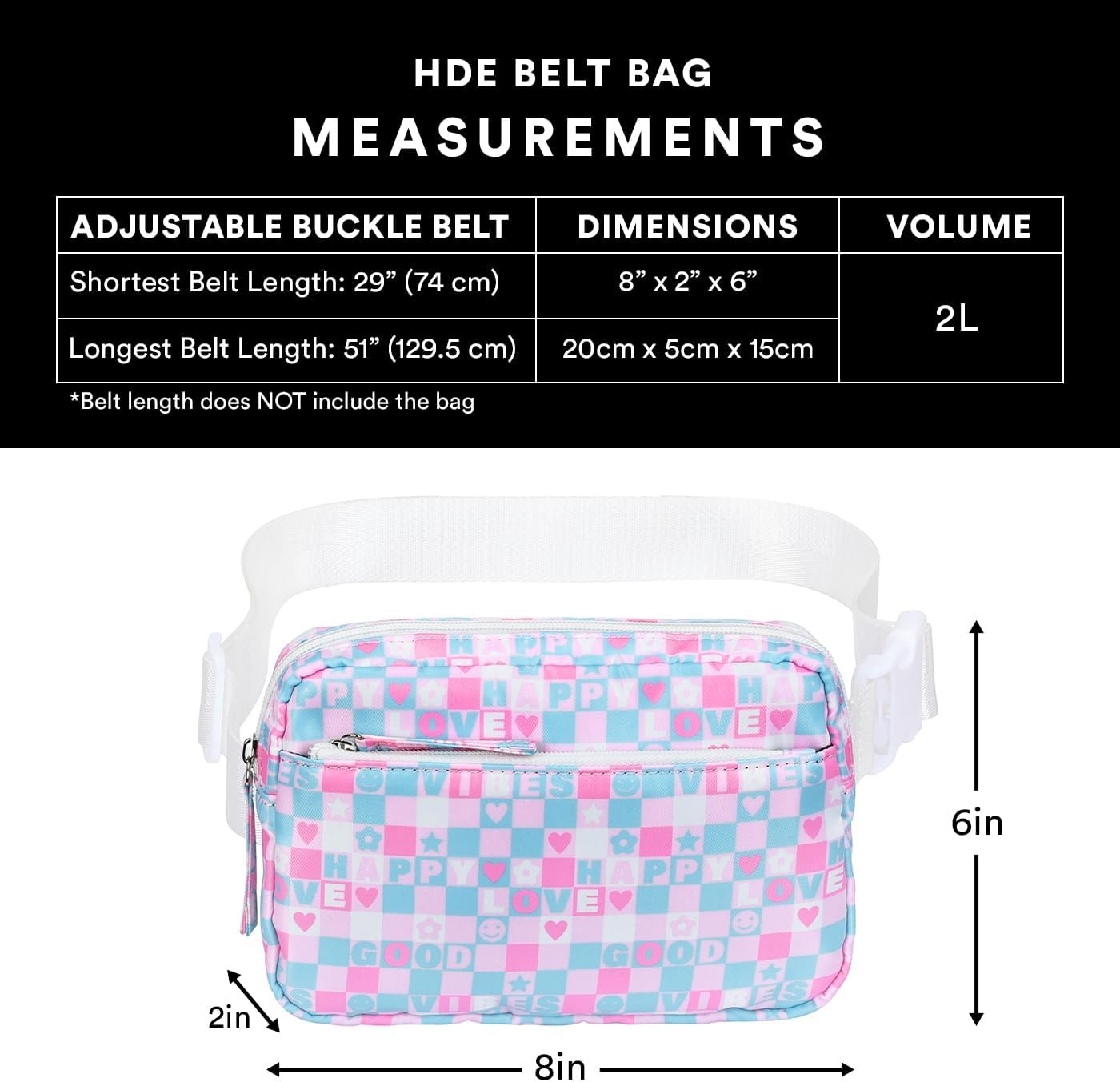 image:imageHDE Crossbody Bum Bag with Long Strap Cute Print 2L Mini Belt Bag Small Fanny Pack Easy Adjustable Length Sling for Women Black Floral PopGood Vibes
