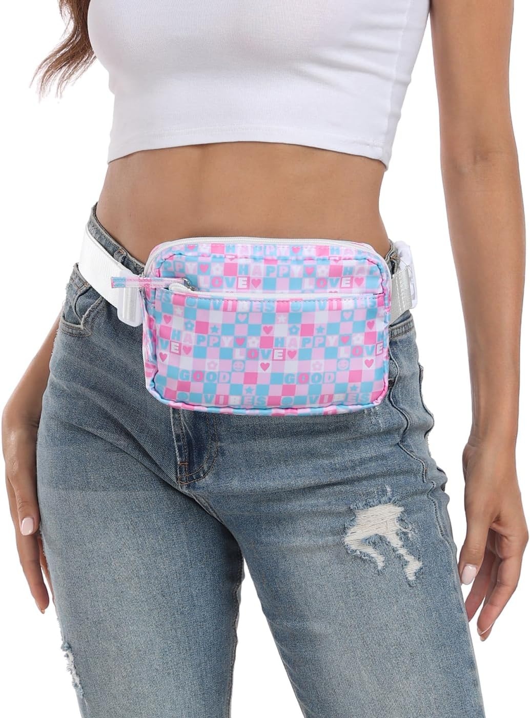image:imageHDE Crossbody Bum Bag with Long Strap Cute Print 2L Mini Belt Bag Small Fanny Pack Easy Adjustable Length Sling for Women Black Floral PopGood Vibes