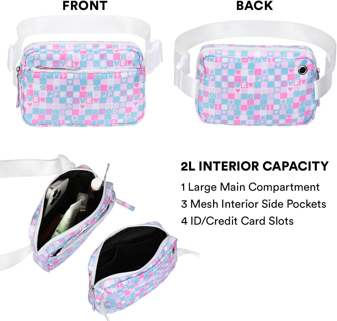 image:imageHDE Crossbody Bum Bag with Long Strap Cute Print 2L Mini Belt Bag Small Fanny Pack Easy Adjustable Length Sling for Women Black Floral PopGood Vibes