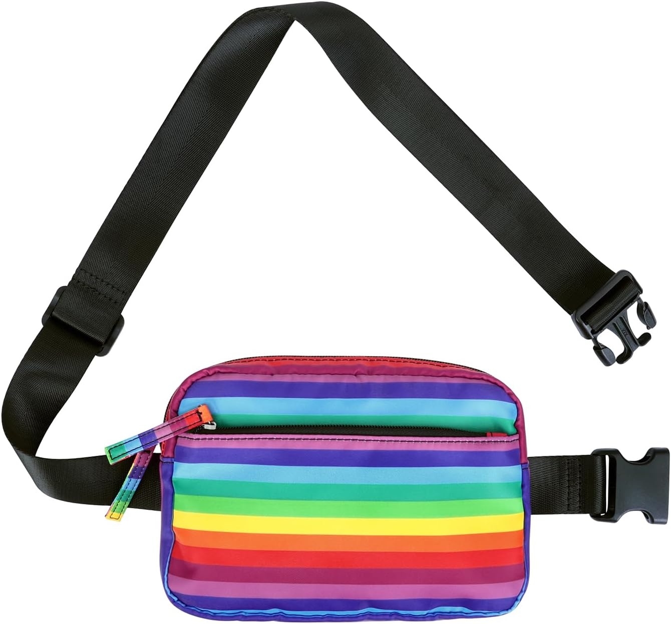 image:imageHDE Crossbody Bum Bag with Long Strap Cute Print 2L Mini Belt Bag Small Fanny Pack Easy Adjustable Length Sling for Women Black Floral PopRainbow Stripe