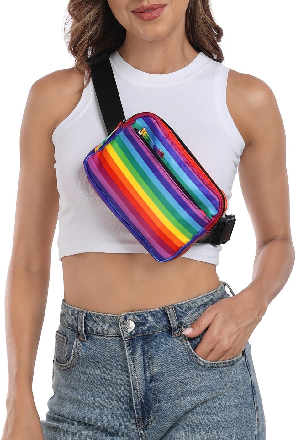image:imageHDE Crossbody Bum Bag with Long Strap Cute Print 2L Mini Belt Bag Small Fanny Pack Easy Adjustable Length Sling for Women Black Floral PopRainbow Stripe