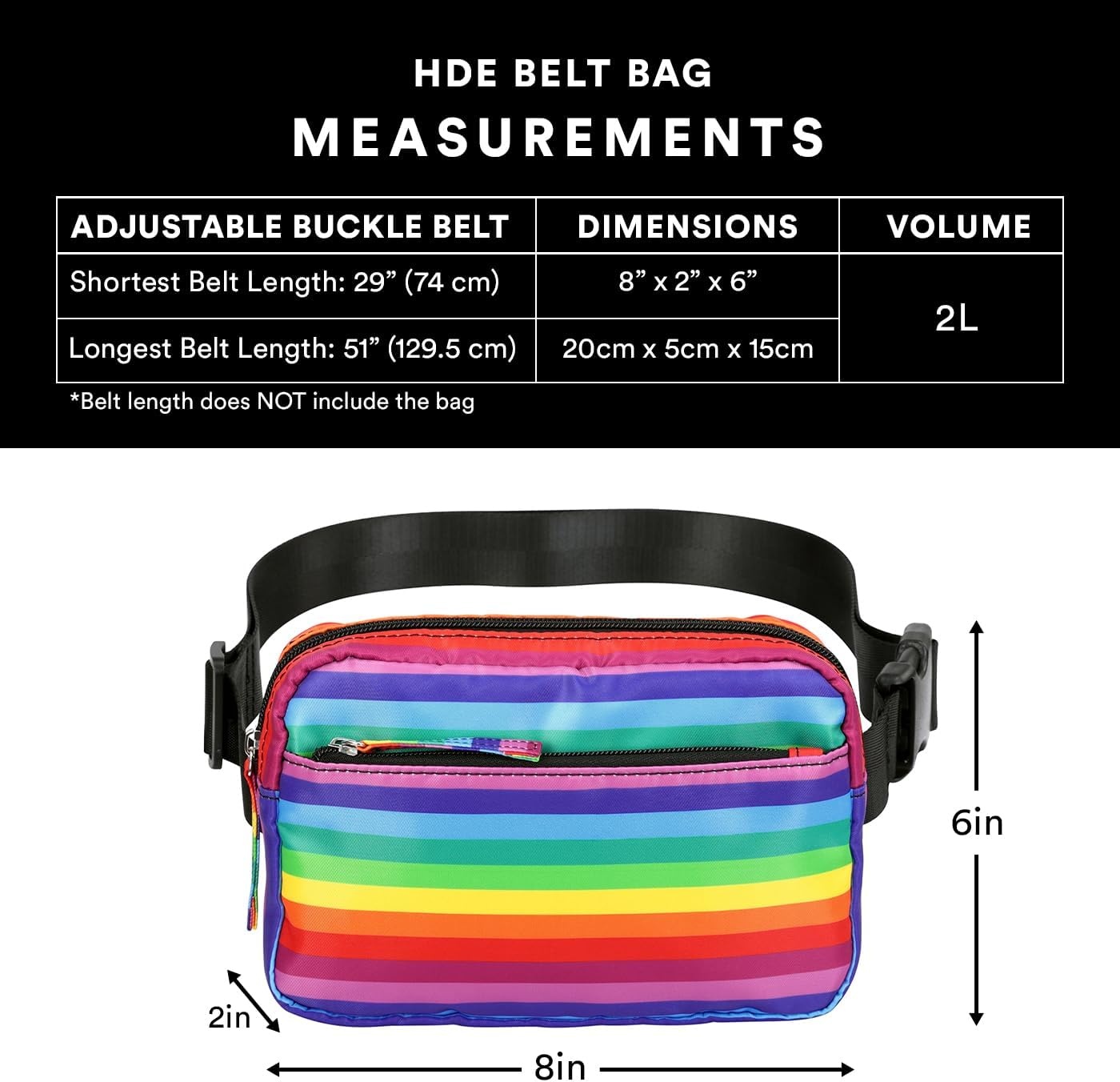 image:imageHDE Crossbody Bum Bag with Long Strap Cute Print 2L Mini Belt Bag Small Fanny Pack Easy Adjustable Length Sling for Women Black Floral PopRainbow Stripe