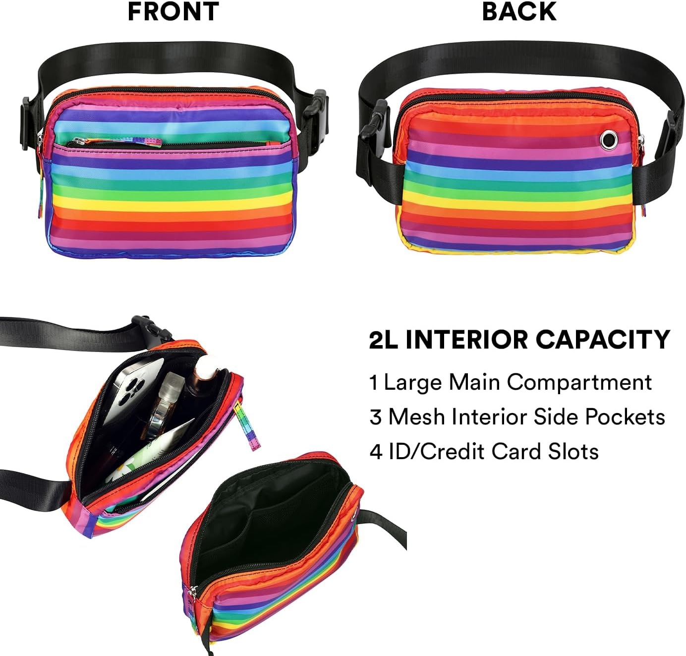 image:imageHDE Crossbody Bum Bag with Long Strap Cute Print 2L Mini Belt Bag Small Fanny Pack Easy Adjustable Length Sling for Women Black Floral PopRainbow Stripe