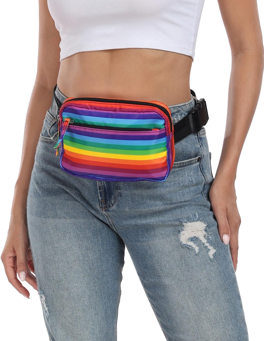 image:imageHDE Crossbody Bum Bag with Long Strap Cute Print 2L Mini Belt Bag Small Fanny Pack Easy Adjustable Length Sling for Women Black Floral PopRainbow Stripe
