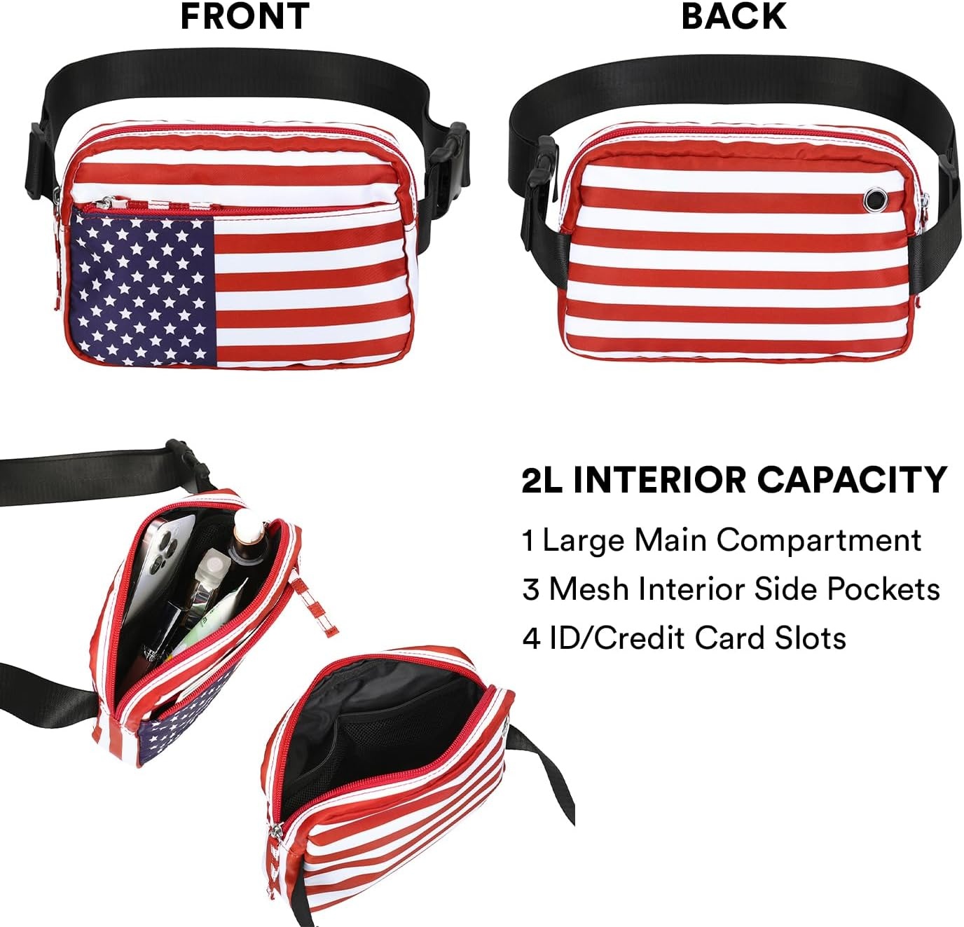 image:imageHDE Crossbody Bum Bag with Long Strap Cute Print 2L Mini Belt Bag Small Fanny Pack Easy Adjustable Length Sling for Women Black Floral PopUSA Flag