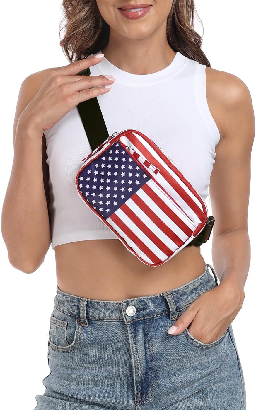 image:imageHDE Crossbody Bum Bag with Long Strap Cute Print 2L Mini Belt Bag Small Fanny Pack Easy Adjustable Length Sling for Women Black Floral PopUSA Flag