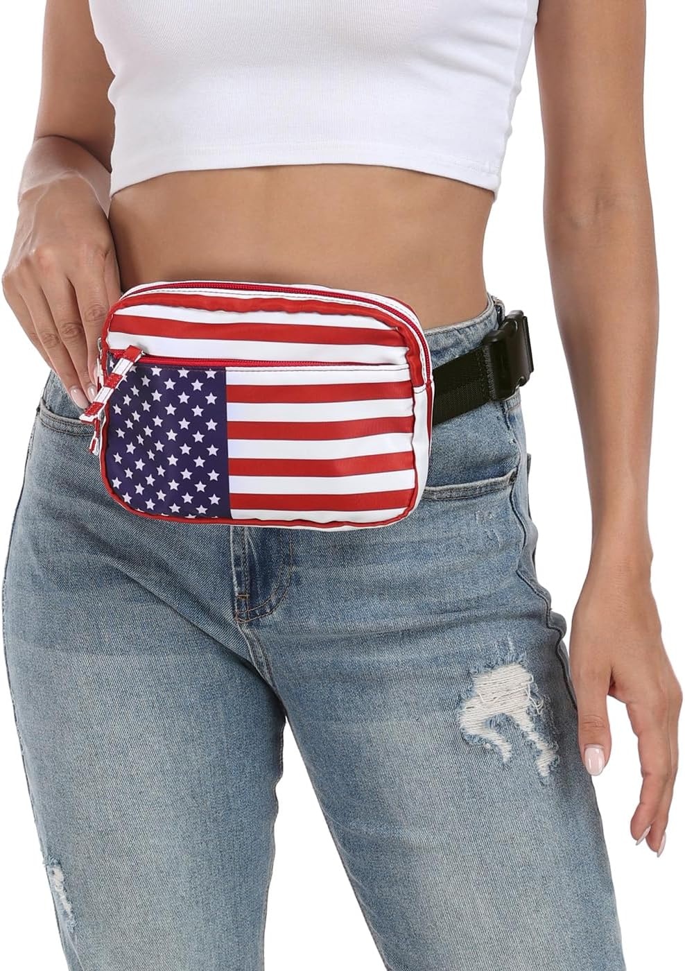 image:imageHDE Crossbody Bum Bag with Long Strap Cute Print 2L Mini Belt Bag Small Fanny Pack Easy Adjustable Length Sling for Women Black Floral PopUSA Flag