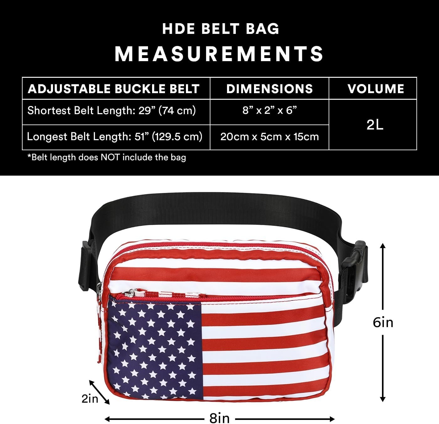 image:imageHDE Crossbody Bum Bag with Long Strap Cute Print 2L Mini Belt Bag Small Fanny Pack Easy Adjustable Length Sling for Women Black Floral PopUSA Flag