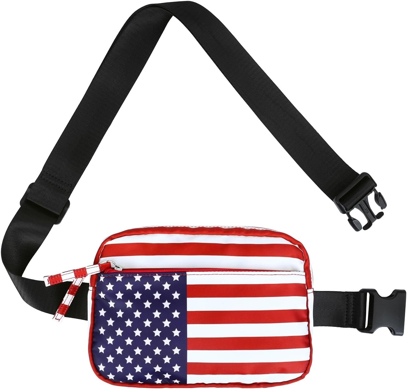 image:imageHDE Crossbody Bum Bag with Long Strap Cute Print 2L Mini Belt Bag Small Fanny Pack Easy Adjustable Length Sling for Women Black Floral PopUSA Flag