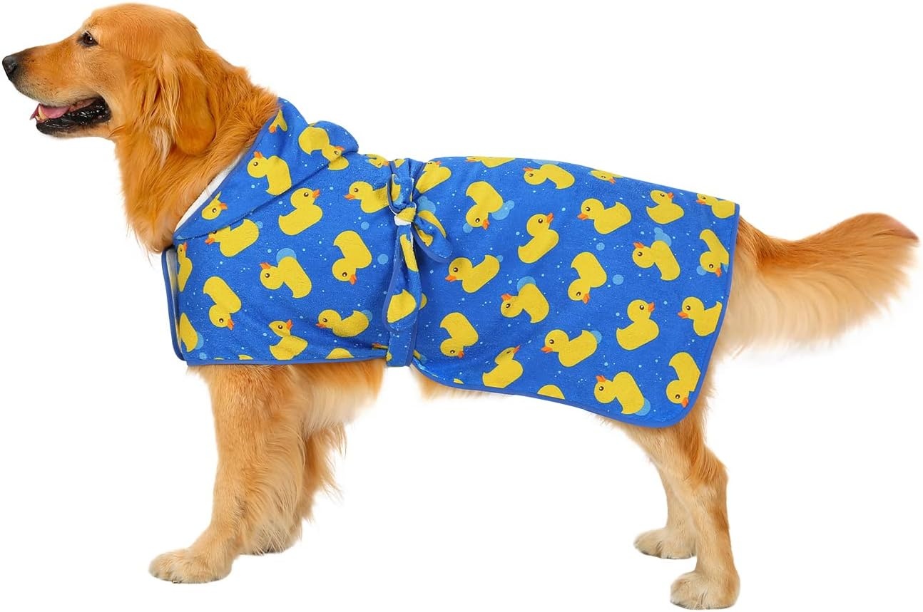image:imageHDE Dog Bathrobe Super Absorbent Quick Drying Puppy Towel Wrap Coat Adjustable After Bath Robes with Hood for Dog Sizes SXXL Blue Rubber Ducks SBlue Rubber Ducks