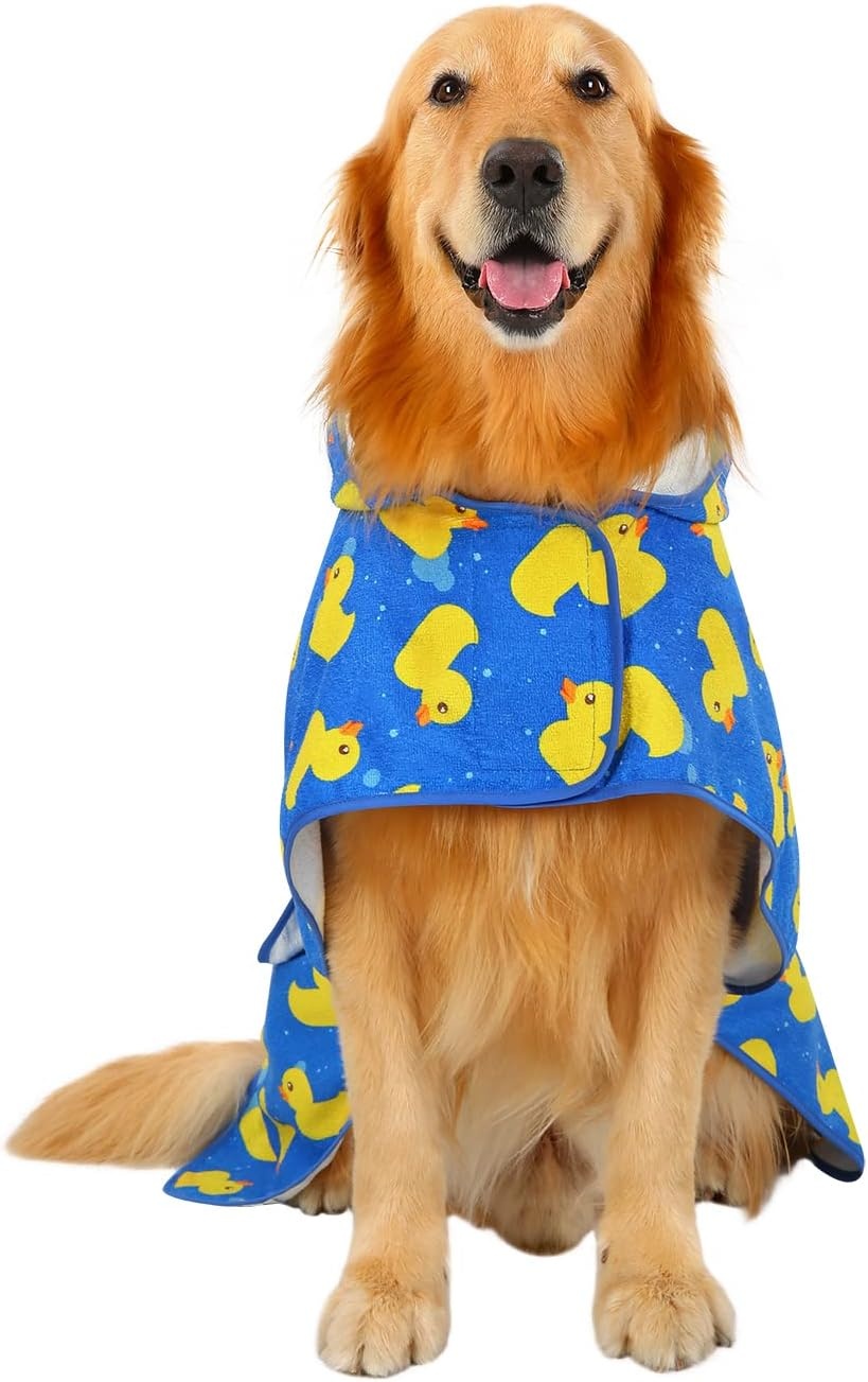image:imageHDE Dog Bathrobe Super Absorbent Quick Drying Puppy Towel Wrap Coat Adjustable After Bath Robes with Hood for Dog Sizes SXXL Blue Rubber Ducks SBlue Rubber Ducks