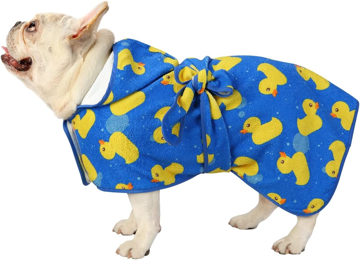 image:imageHDE Dog Bathrobe Super Absorbent Quick Drying Puppy Towel Wrap Coat Adjustable After Bath Robes with Hood for Dog Sizes SXXL Blue Rubber Ducks SBlue Rubber Ducks