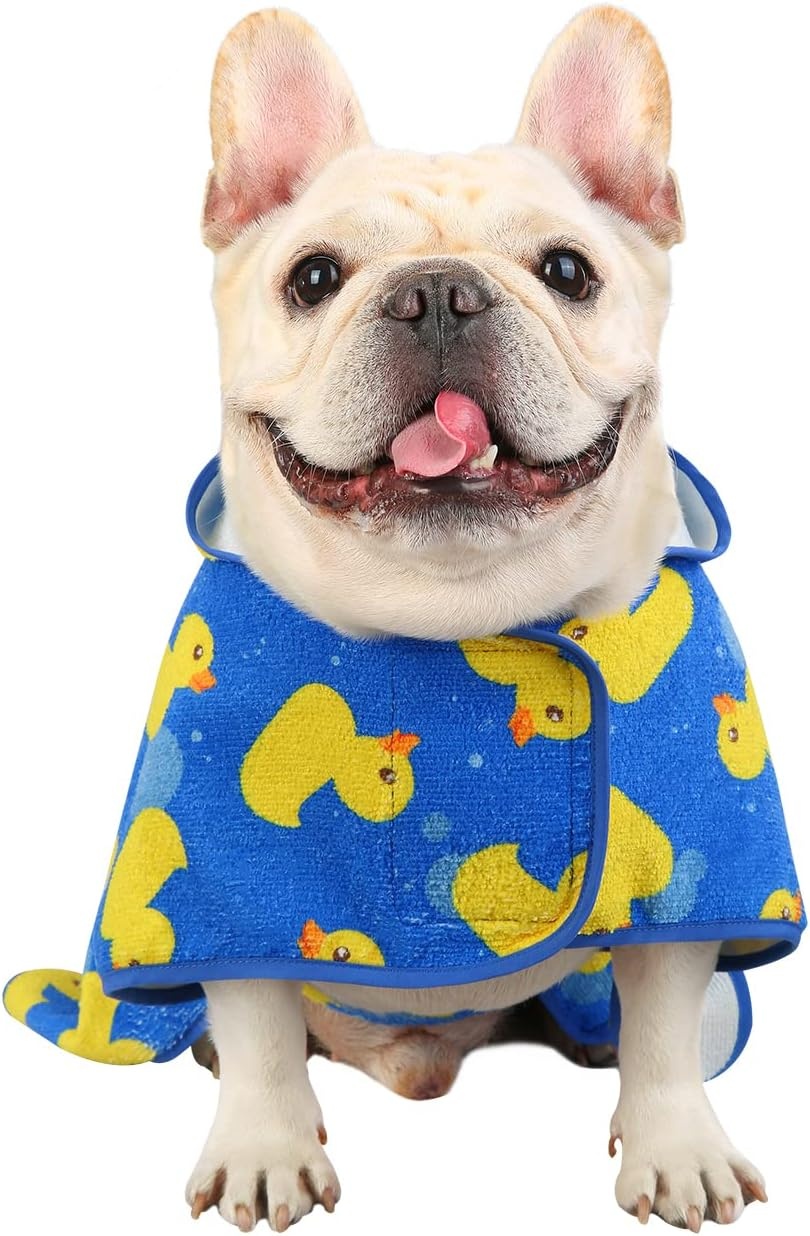 image:imageHDE Dog Bathrobe Super Absorbent Quick Drying Puppy Towel Wrap Coat Adjustable After Bath Robes with Hood for Dog Sizes SXXL Blue Rubber Ducks SBlue Rubber Ducks