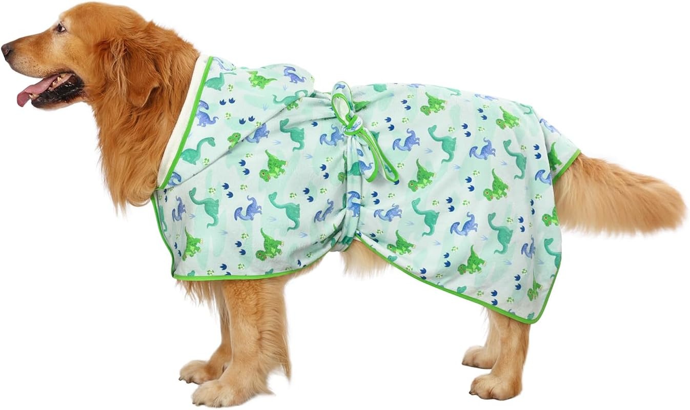 image:imageHDE Dog Bathrobe Super Absorbent Quick Drying Puppy Towel Wrap Coat Adjustable After Bath Robes with Hood for Dog Sizes SXXL Blue Rubber Ducks SCute Dinosaurs