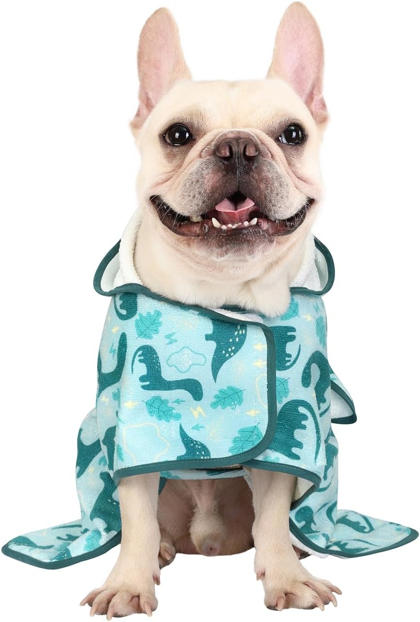 image:imageHDE Dog Bathrobe Super Absorbent Quick Drying Puppy Towel Wrap Coat Adjustable After Bath Robes with Hood for Dog Sizes SXXL Blue Rubber Ducks SDinosaurs