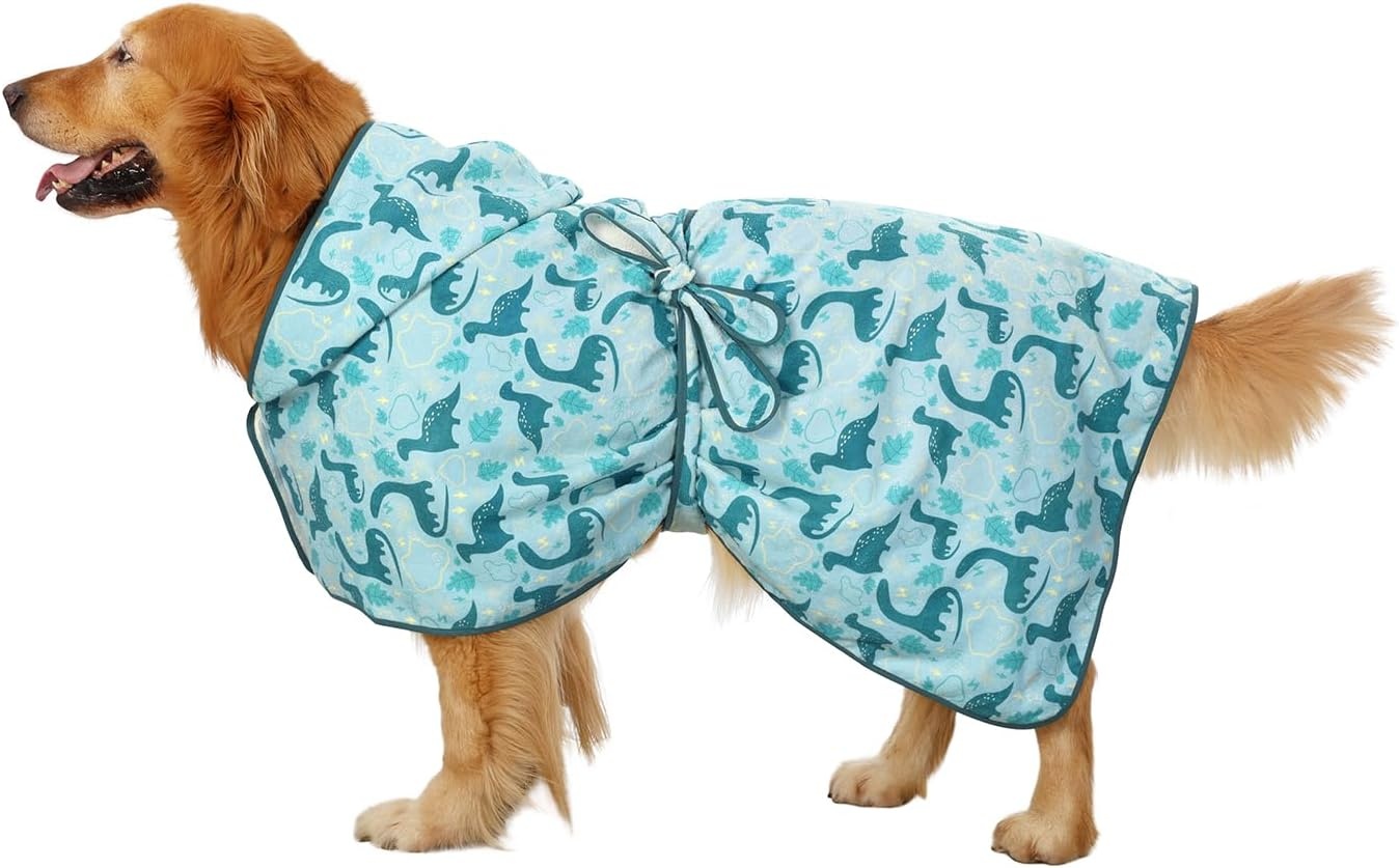 image:imageHDE Dog Bathrobe Super Absorbent Quick Drying Puppy Towel Wrap Coat Adjustable After Bath Robes with Hood for Dog Sizes SXXL Blue Rubber Ducks SDinosaurs