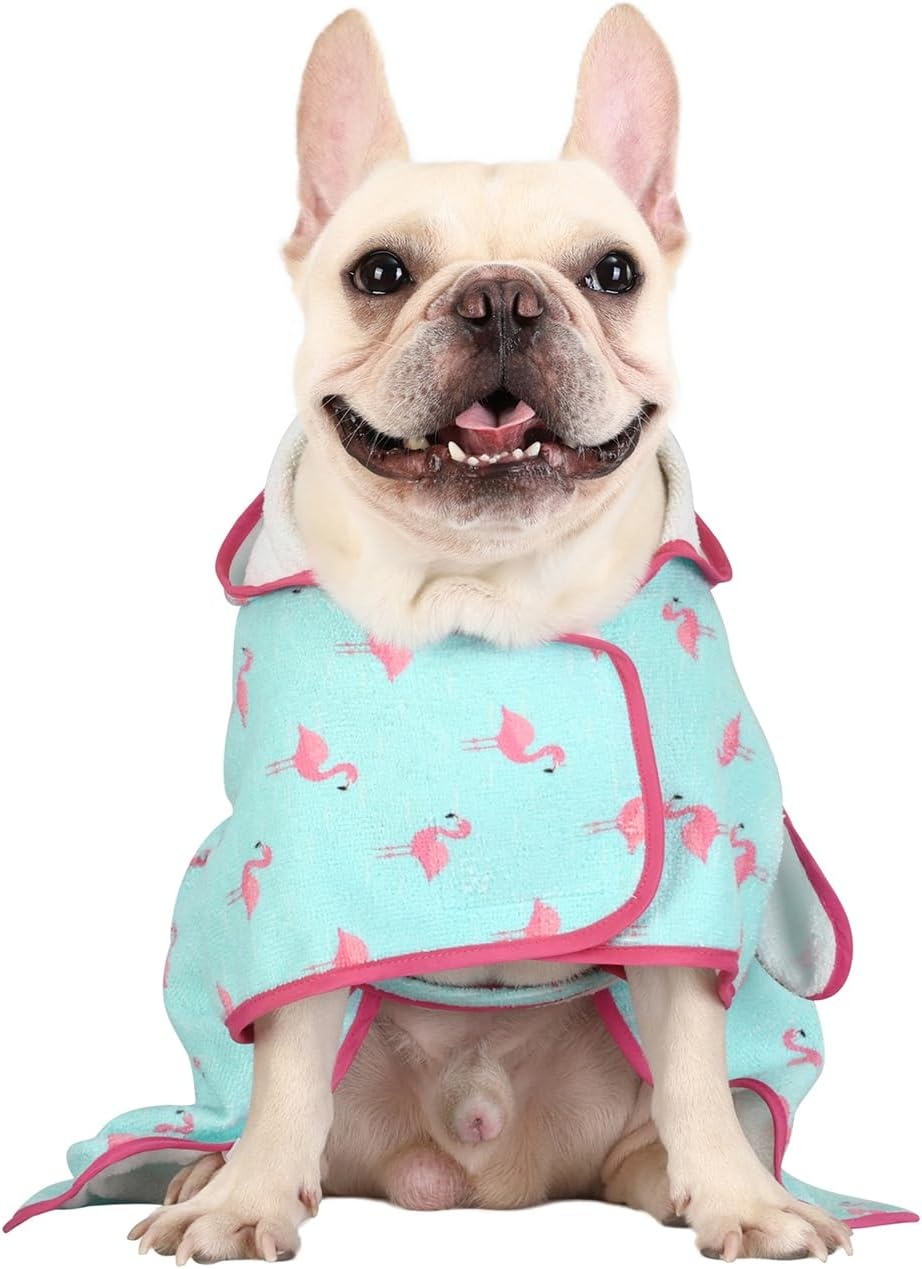 image:imageHDE Dog Bathrobe Super Absorbent Quick Drying Puppy Towel Wrap Coat Adjustable After Bath Robes with Hood for Dog Sizes SXXL Blue Rubber Ducks SFlamingos