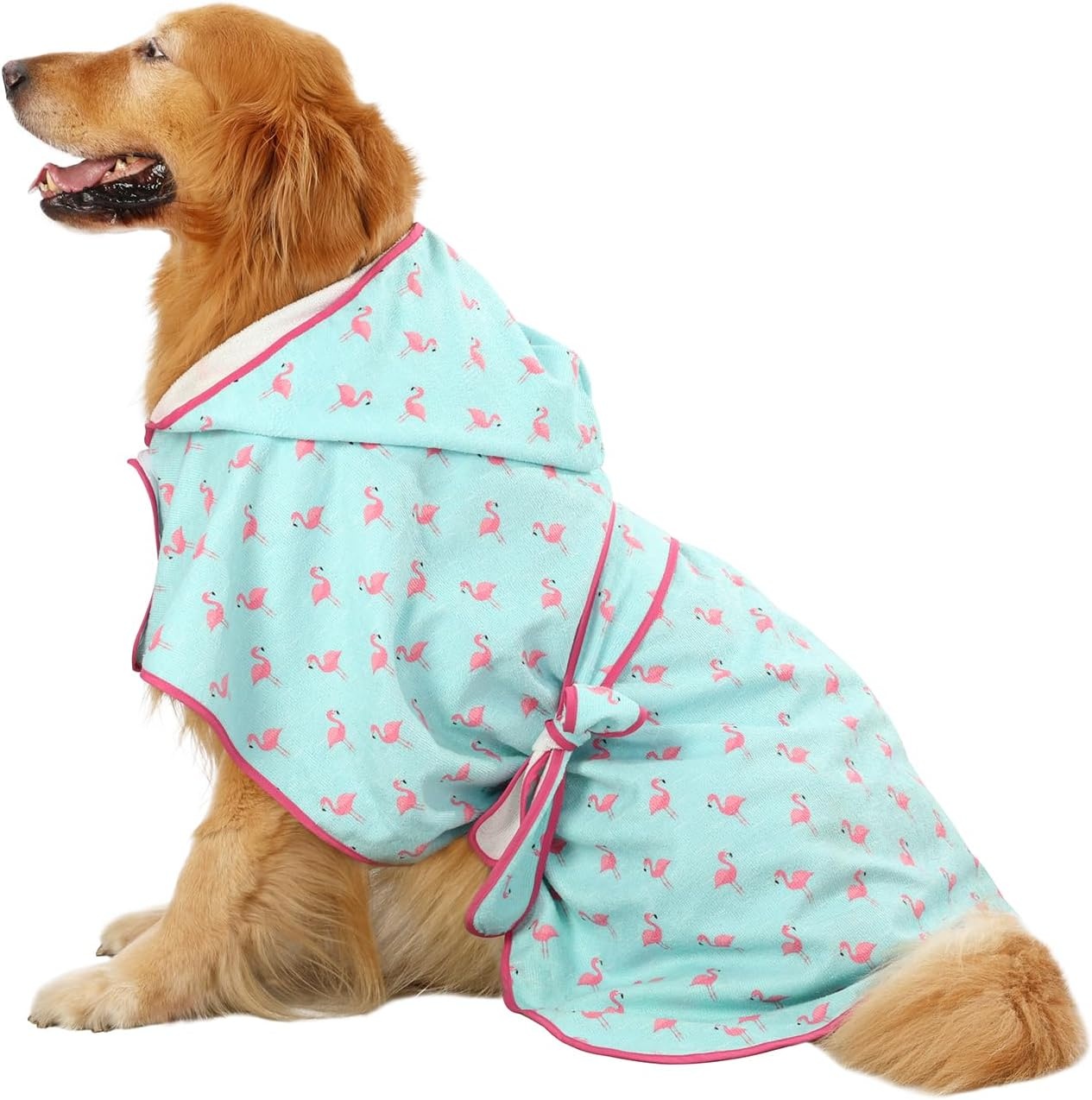 image:imageHDE Dog Bathrobe Super Absorbent Quick Drying Puppy Towel Wrap Coat Adjustable After Bath Robes with Hood for Dog Sizes SXXL Blue Rubber Ducks SFlamingos