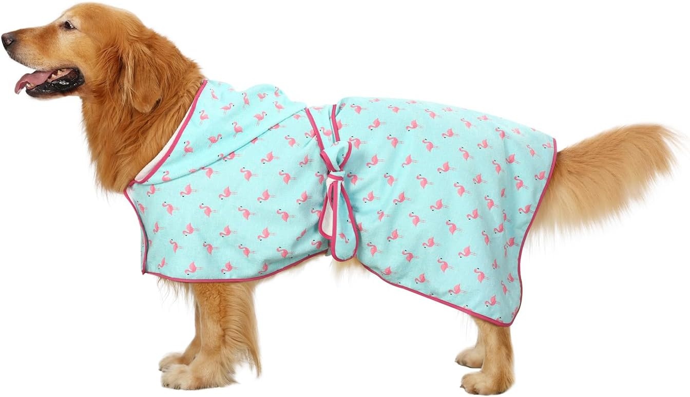 image:imageHDE Dog Bathrobe Super Absorbent Quick Drying Puppy Towel Wrap Coat Adjustable After Bath Robes with Hood for Dog Sizes SXXL Blue Rubber Ducks SFlamingos