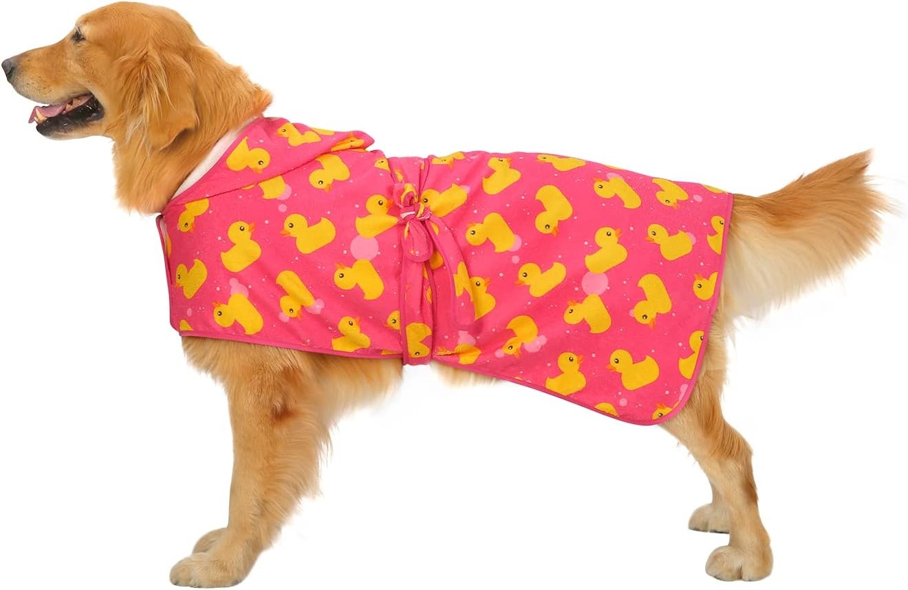 image:imageHDE Dog Bathrobe Super Absorbent Quick Drying Puppy Towel Wrap Coat Adjustable After Bath Robes with Hood for Dog Sizes SXXL Blue Rubber Ducks SPink Rubber Ducks