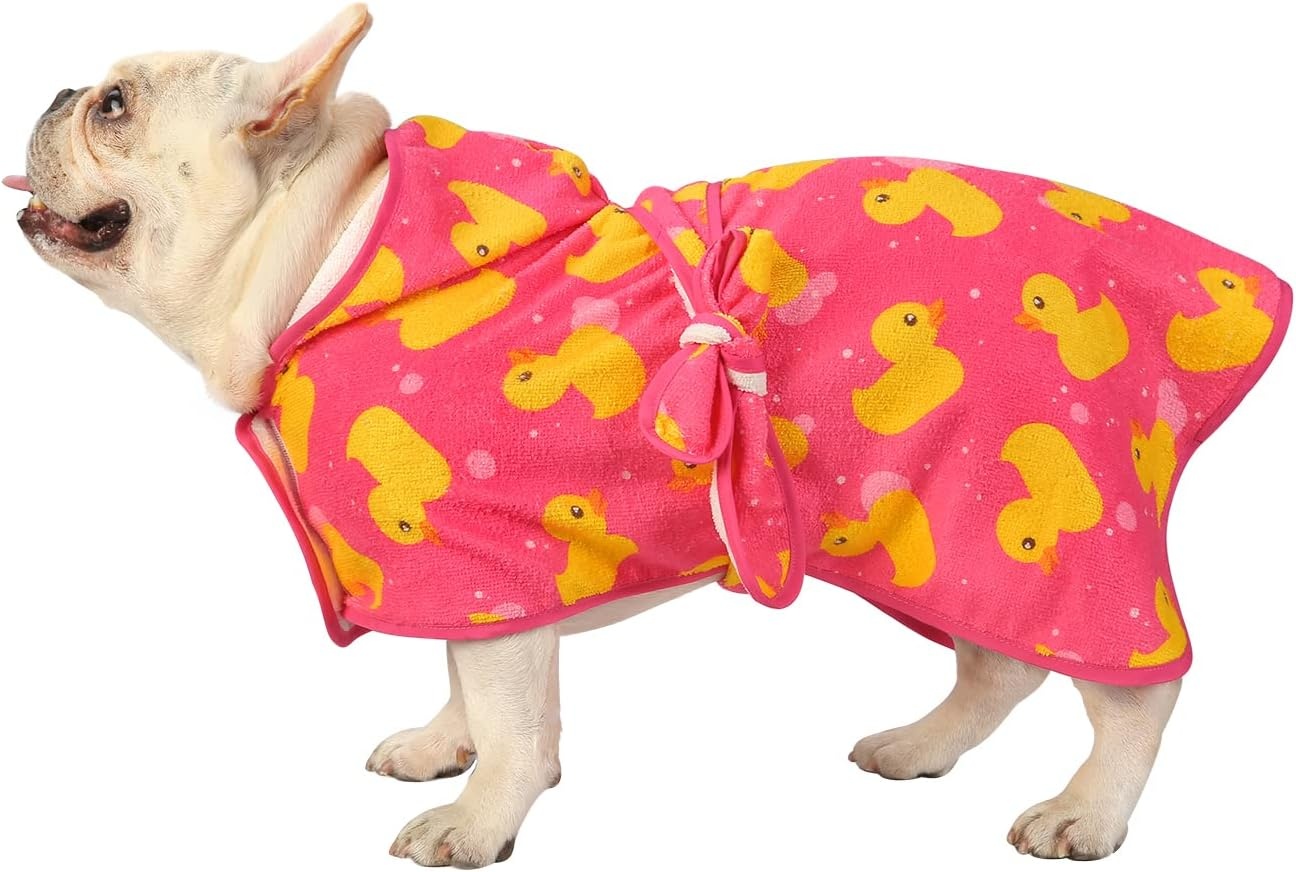 image:imageHDE Dog Bathrobe Super Absorbent Quick Drying Puppy Towel Wrap Coat Adjustable After Bath Robes with Hood for Dog Sizes SXXL Blue Rubber Ducks SPink Rubber Ducks