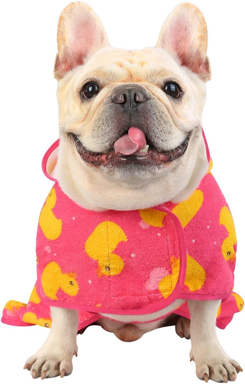 image:imageHDE Dog Bathrobe Super Absorbent Quick Drying Puppy Towel Wrap Coat Adjustable After Bath Robes with Hood for Dog Sizes SXXL Blue Rubber Ducks SPink Rubber Ducks