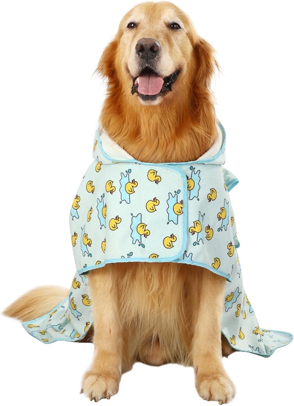 image:imageHDE Dog Bathrobe Super Absorbent Quick Drying Puppy Towel Wrap Coat Adjustable After Bath Robes with Hood for Dog Sizes SXXL Blue Rubber Ducks SRubber Duck Puddles