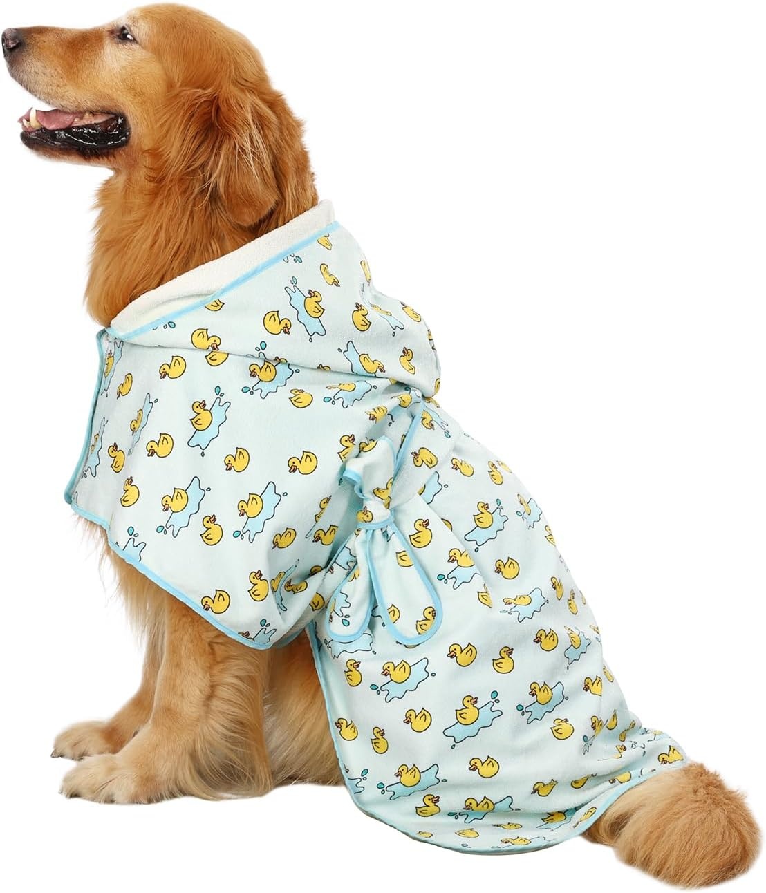 image:imageHDE Dog Bathrobe Super Absorbent Quick Drying Puppy Towel Wrap Coat Adjustable After Bath Robes with Hood for Dog Sizes SXXL Blue Rubber Ducks SRubber Duck Puddles