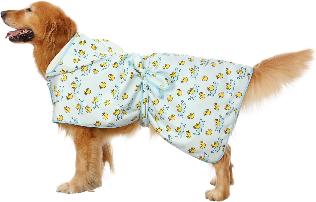 image:imageHDE Dog Bathrobe Super Absorbent Quick Drying Puppy Towel Wrap Coat Adjustable After Bath Robes with Hood for Dog Sizes SXXL Blue Rubber Ducks SRubber Duck Puddles