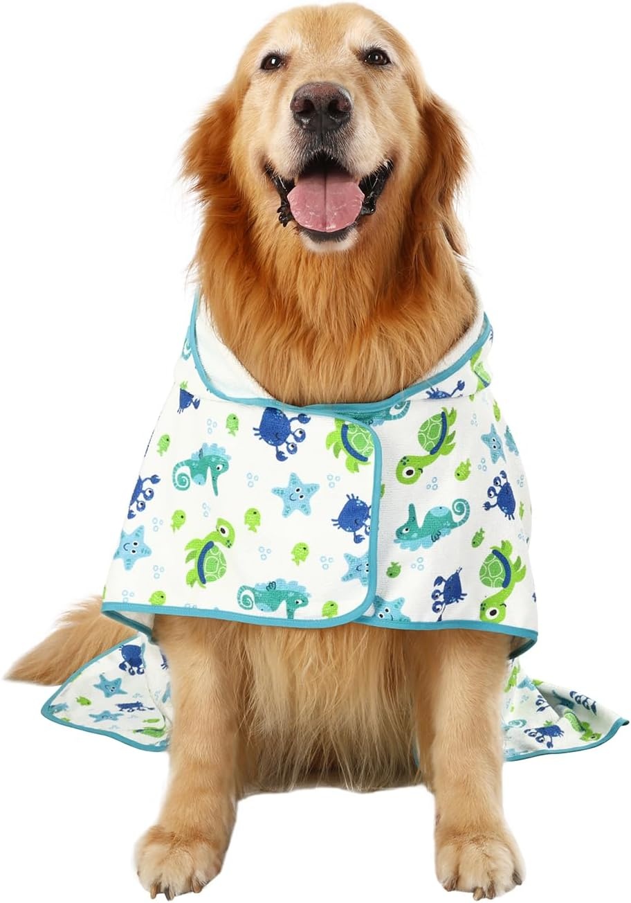 image:imageHDE Dog Bathrobe Super Absorbent Quick Drying Puppy Towel Wrap Coat Adjustable After Bath Robes with Hood for Dog Sizes SXXL Blue Rubber Ducks SSea Animals