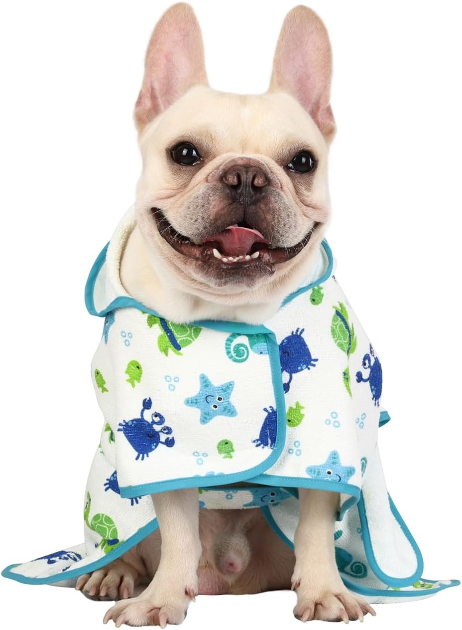 image:imageHDE Dog Bathrobe Super Absorbent Quick Drying Puppy Towel Wrap Coat Adjustable After Bath Robes with Hood for Dog Sizes SXXL Blue Rubber Ducks SSea Animals