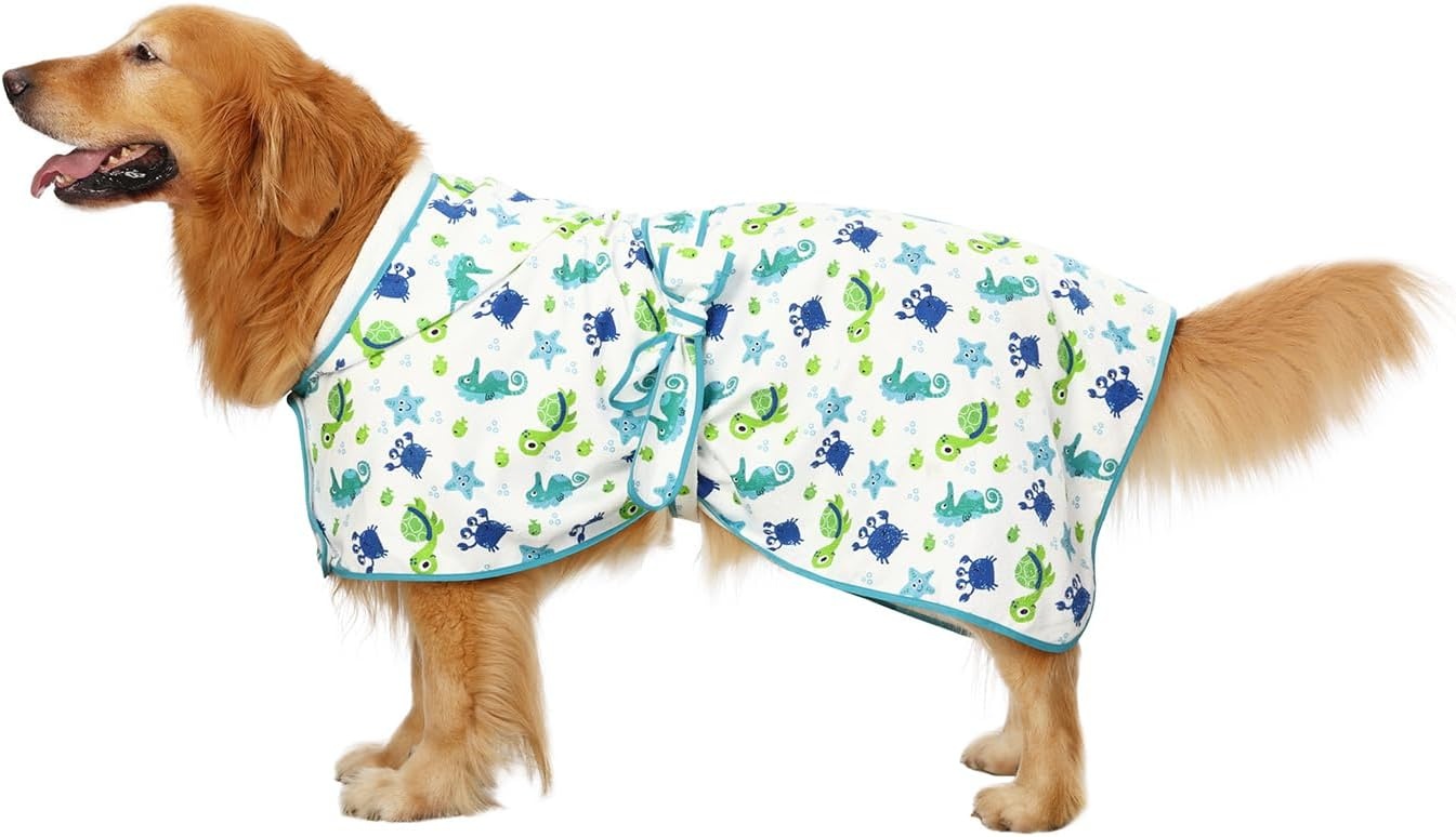 image:imageHDE Dog Bathrobe Super Absorbent Quick Drying Puppy Towel Wrap Coat Adjustable After Bath Robes with Hood for Dog Sizes SXXL Blue Rubber Ducks SSea Animals