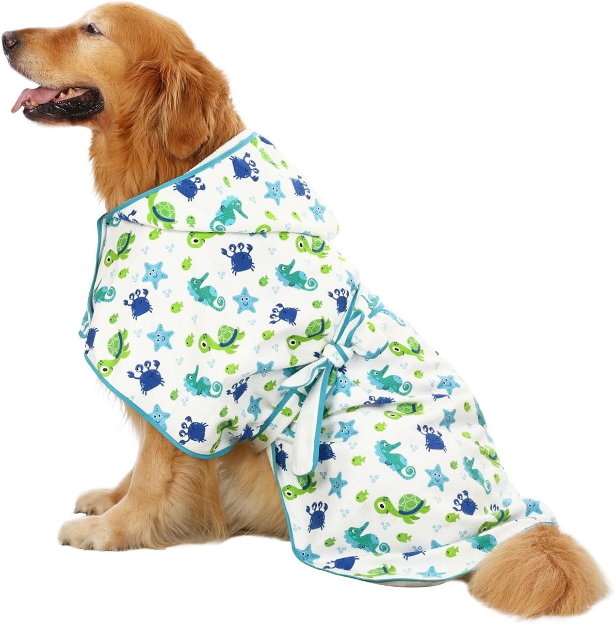 image:imageHDE Dog Bathrobe Super Absorbent Quick Drying Puppy Towel Wrap Coat Adjustable After Bath Robes with Hood for Dog Sizes SXXL Blue Rubber Ducks SSea Animals