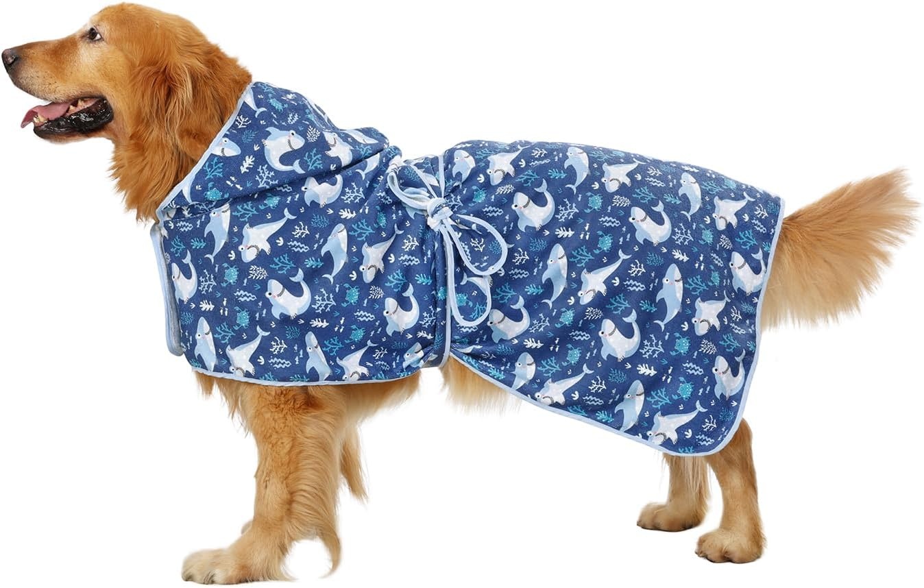 image:imageHDE Dog Bathrobe Super Absorbent Quick Drying Puppy Towel Wrap Coat Adjustable After Bath Robes with Hood for Dog Sizes SXXL Blue Rubber Ducks SSharks