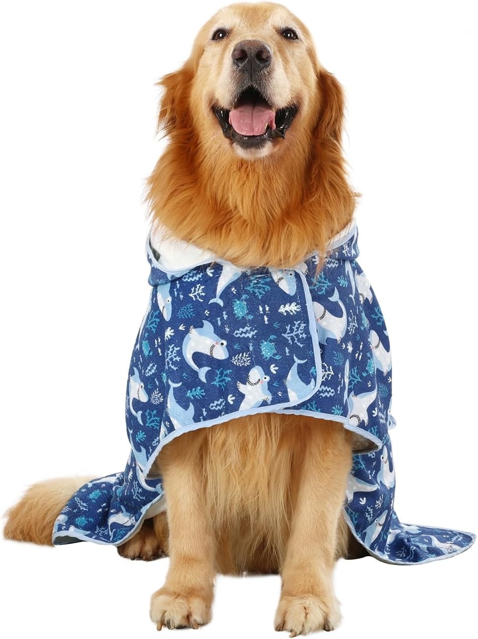 image:imageHDE Dog Bathrobe Super Absorbent Quick Drying Puppy Towel Wrap Coat Adjustable After Bath Robes with Hood for Dog Sizes SXXL Blue Rubber Ducks SSharks