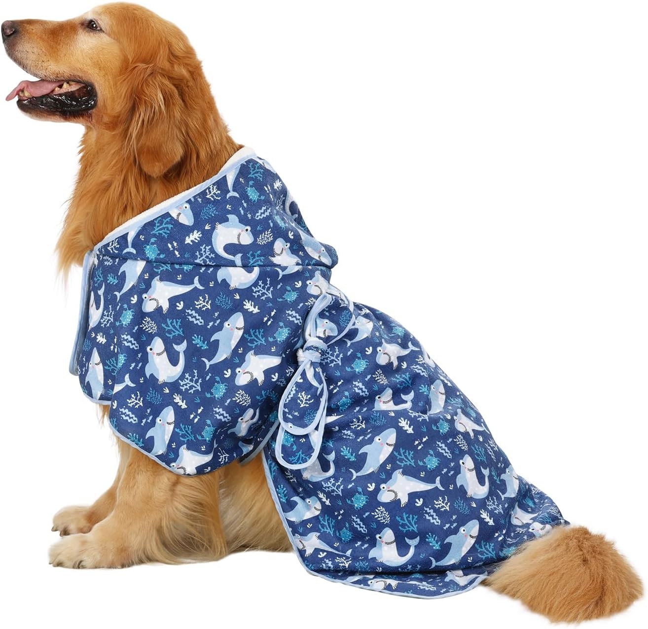 image:imageHDE Dog Bathrobe Super Absorbent Quick Drying Puppy Towel Wrap Coat Adjustable After Bath Robes with Hood for Dog Sizes SXXL Blue Rubber Ducks SSharks