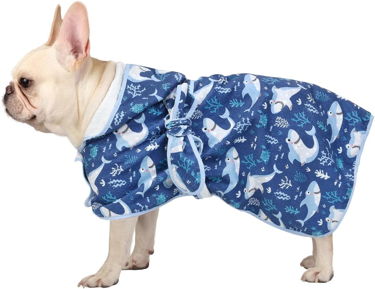 image:imageHDE Dog Bathrobe Super Absorbent Quick Drying Puppy Towel Wrap Coat Adjustable After Bath Robes with Hood for Dog Sizes SXXL Blue Rubber Ducks SSharks