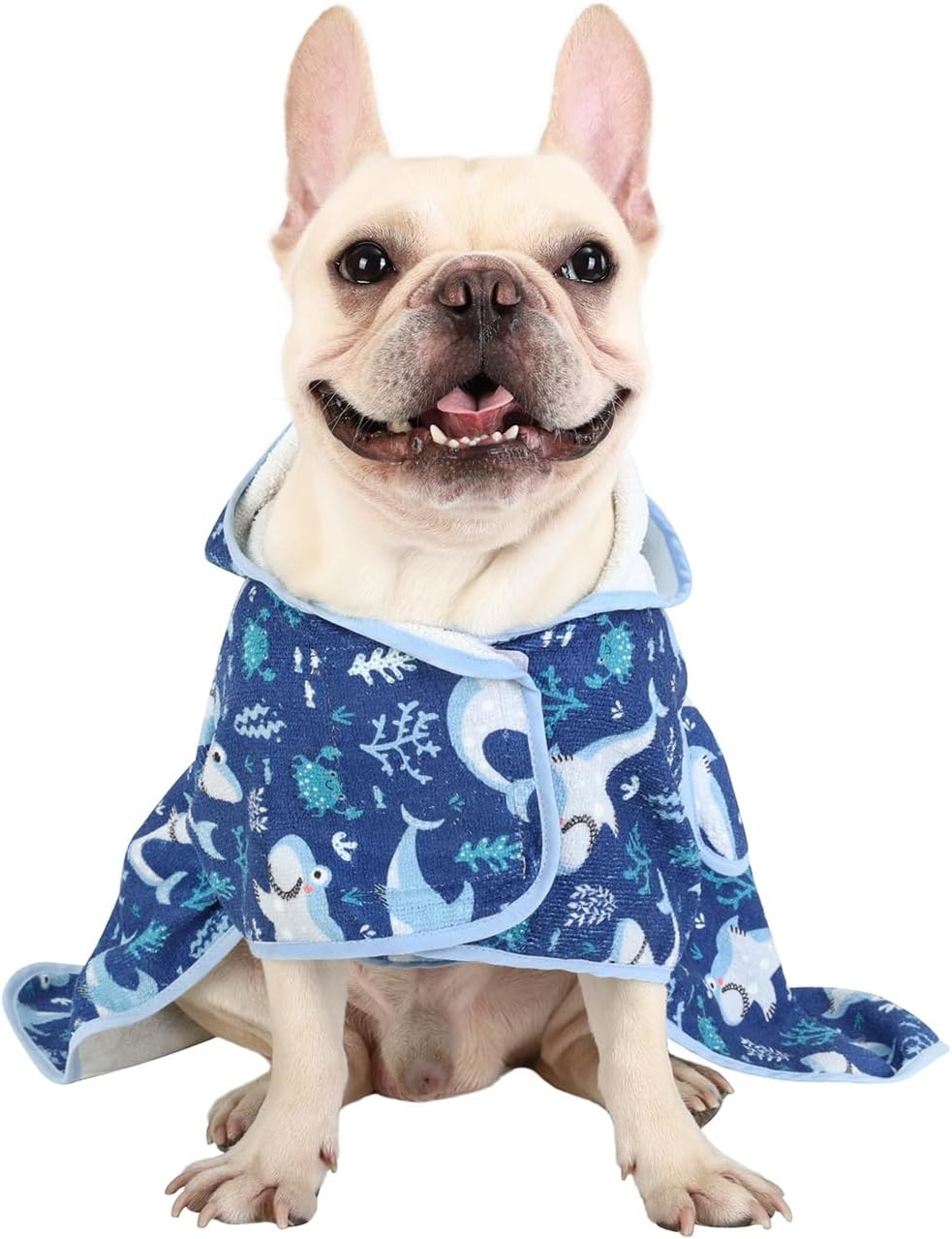 image:imageHDE Dog Bathrobe Super Absorbent Quick Drying Puppy Towel Wrap Coat Adjustable After Bath Robes with Hood for Dog Sizes SXXL Blue Rubber Ducks SSharks
