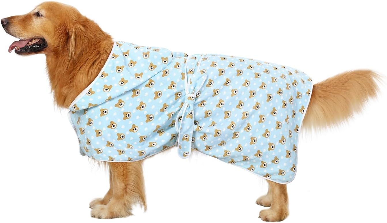 image:imageHDE Dog Bathrobe Super Absorbent Quick Drying Puppy Towel Wrap Coat Adjustable After Bath Robes with Hood for Dog Sizes SXXL Blue Rubber Ducks STeddy Bears