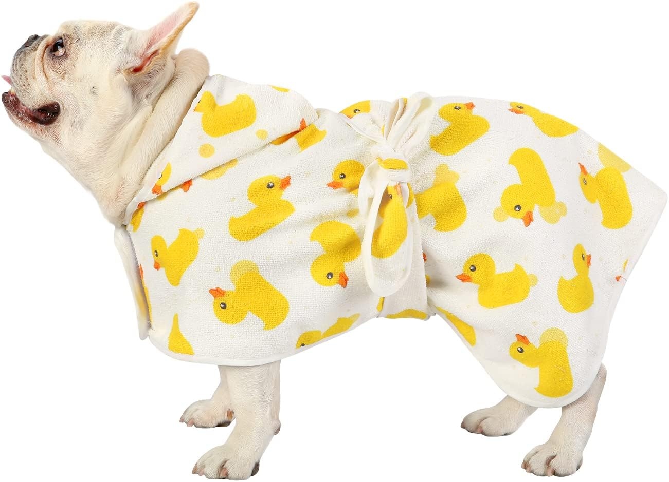 image:imageHDE Dog Bathrobe Super Absorbent Quick Drying Puppy Towel Wrap Coat Adjustable After Bath Robes with Hood for Dog Sizes SXXL Blue Rubber Ducks SWhite Rubber Ducks