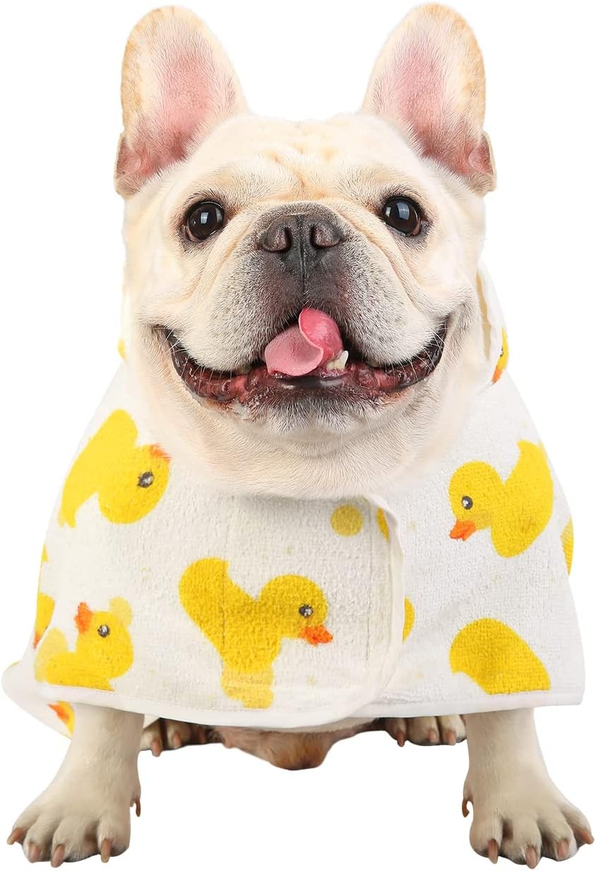 image:imageHDE Dog Bathrobe Super Absorbent Quick Drying Puppy Towel Wrap Coat Adjustable After Bath Robes with Hood for Dog Sizes SXXL Blue Rubber Ducks SWhite Rubber Ducks