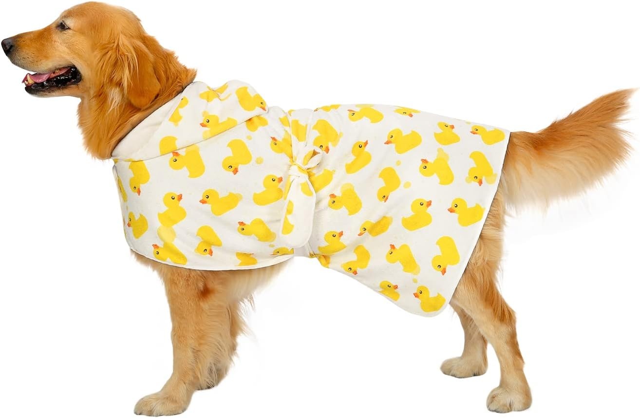 image:imageHDE Dog Bathrobe Super Absorbent Quick Drying Puppy Towel Wrap Coat Adjustable After Bath Robes with Hood for Dog Sizes SXXL Blue Rubber Ducks SWhite Rubber Ducks