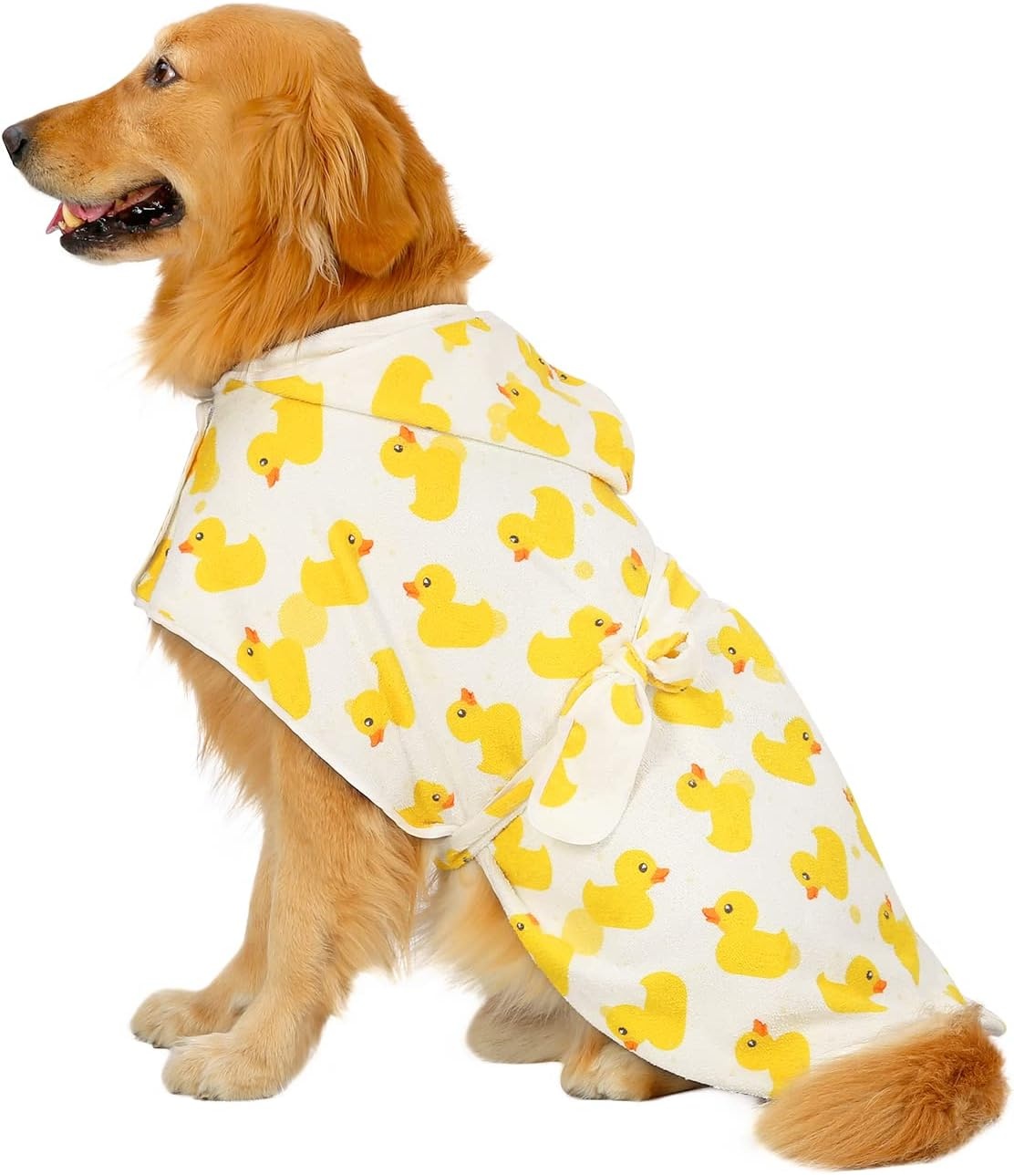 image:imageHDE Dog Bathrobe Super Absorbent Quick Drying Puppy Towel Wrap Coat Adjustable After Bath Robes with Hood for Dog Sizes SXXL Blue Rubber Ducks SWhite Rubber Ducks