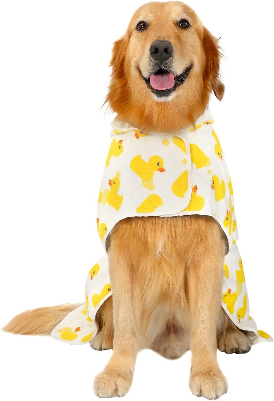 image:imageHDE Dog Bathrobe Super Absorbent Quick Drying Puppy Towel Wrap Coat Adjustable After Bath Robes with Hood for Dog Sizes SXXL Blue Rubber Ducks SWhite Rubber Ducks