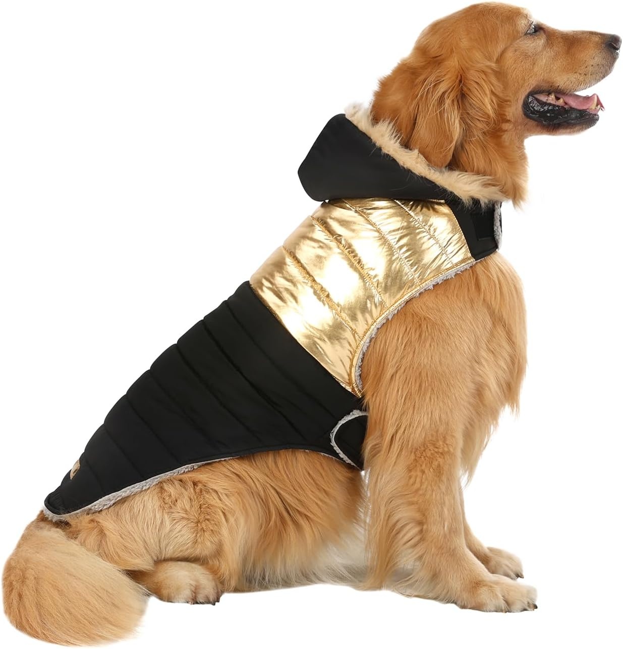 image:imageHDE Dog Puffer Jacket Fleece Lined Warm Dog Parka Winter Coat with Harness Hole 90s Black and Gold Metallic S90s Black and Gold Metallic
