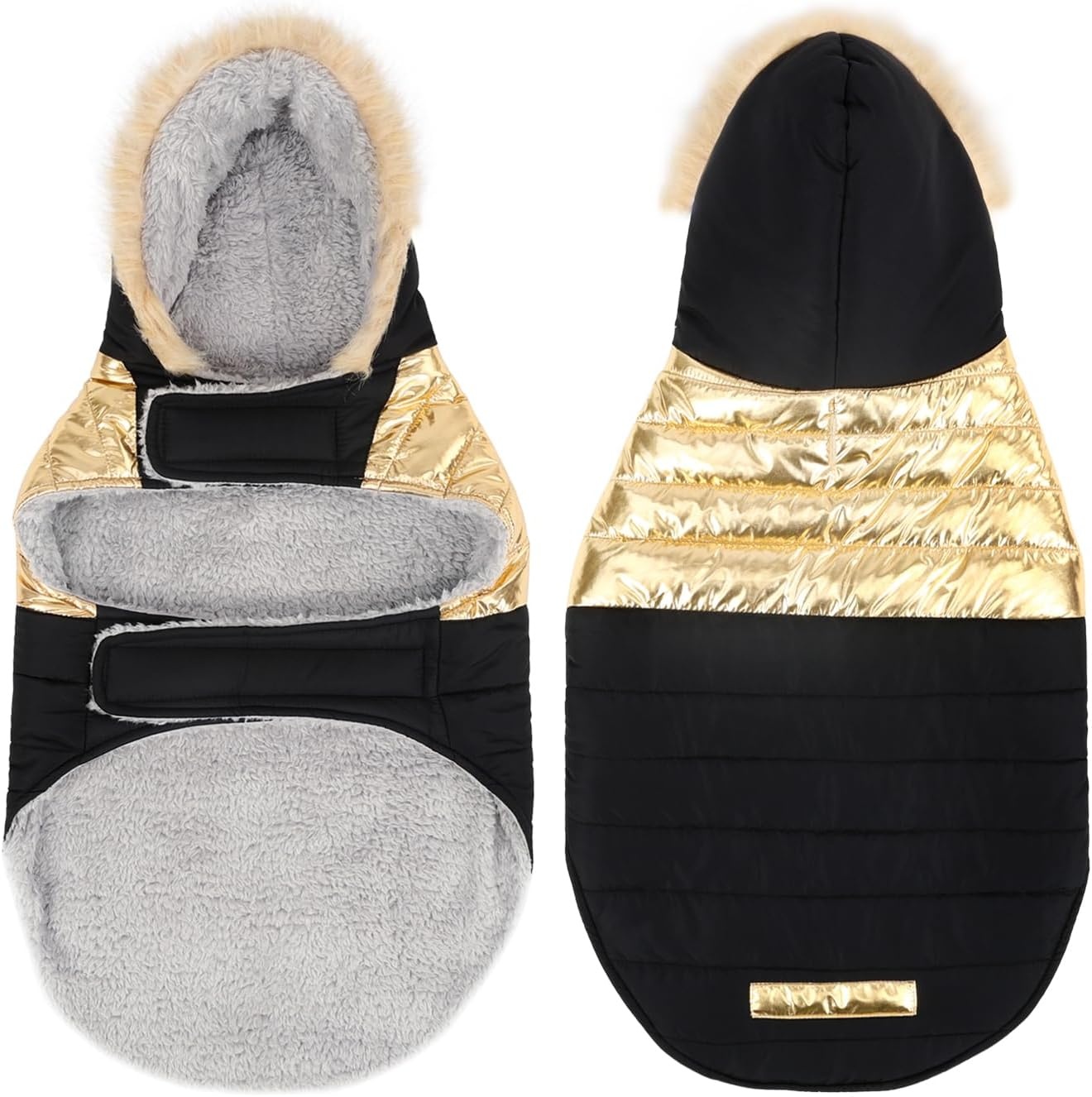 image:imageHDE Dog Puffer Jacket Fleece Lined Warm Dog Parka Winter Coat with Harness Hole 90s Black and Gold Metallic S90s Black and Gold Metallic